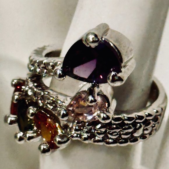 Spiral Fashion Ring MultiColor Rhinestones CZ Diamonds Silver Tone Metal SZ 5.75 - Picture 5 of 6